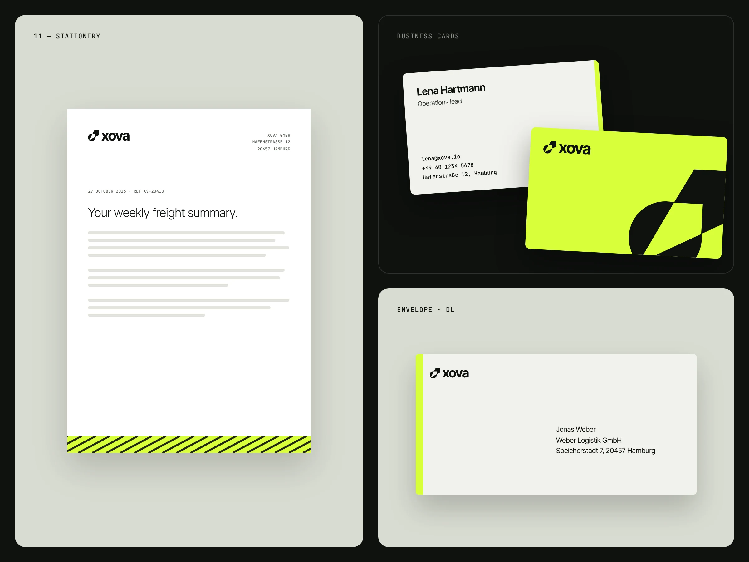 XOVA letterhead, business cards and envelope.