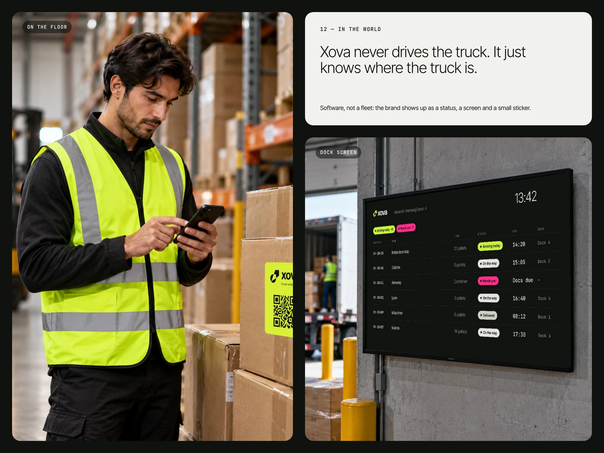A warehouse worker in a plain hi-vis vest checks XOVA on his phone, beside an XOVA arrivals board at the loading dock.