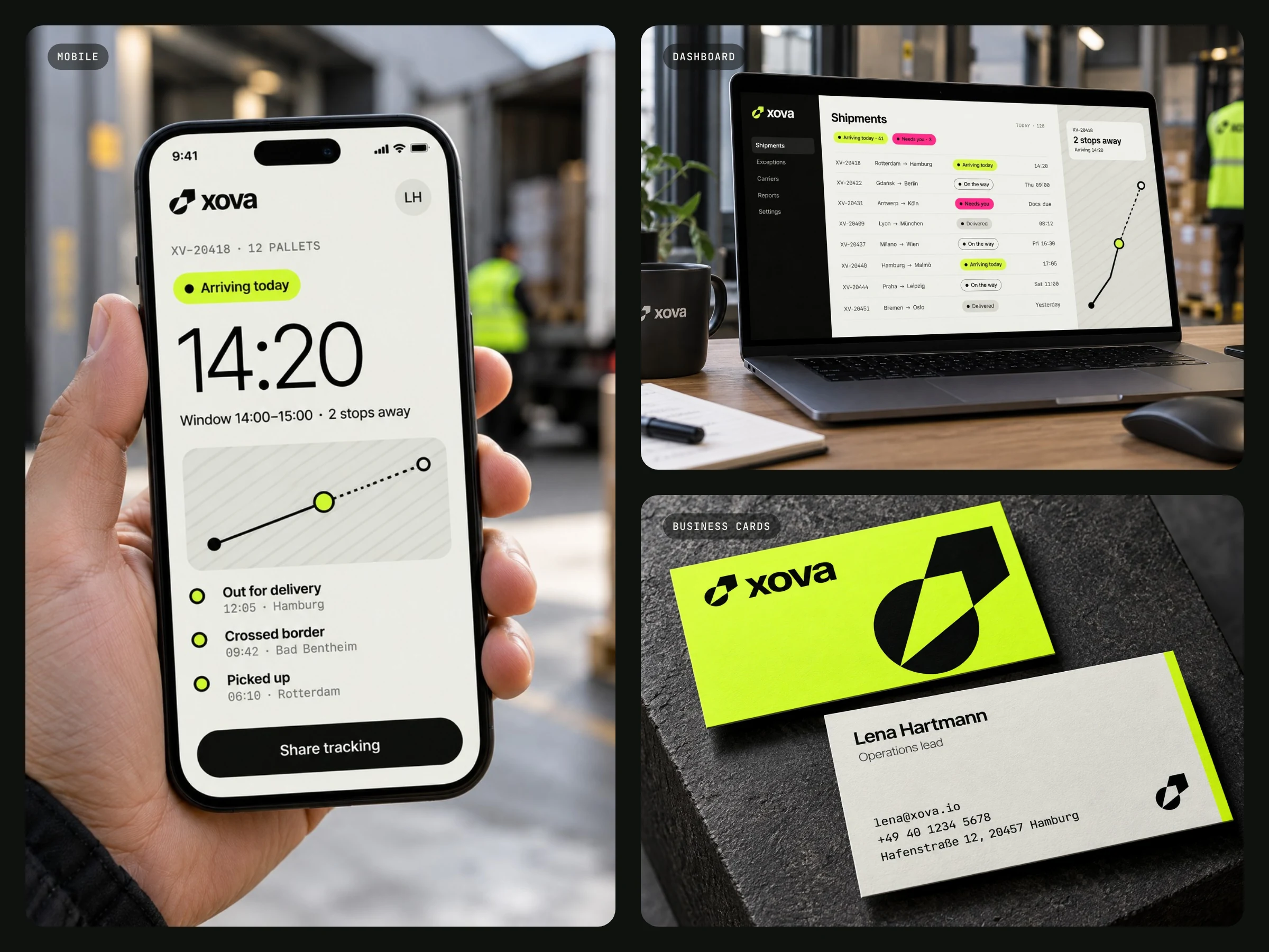 XOVA on a phone, on a laptop dashboard and on business cards.