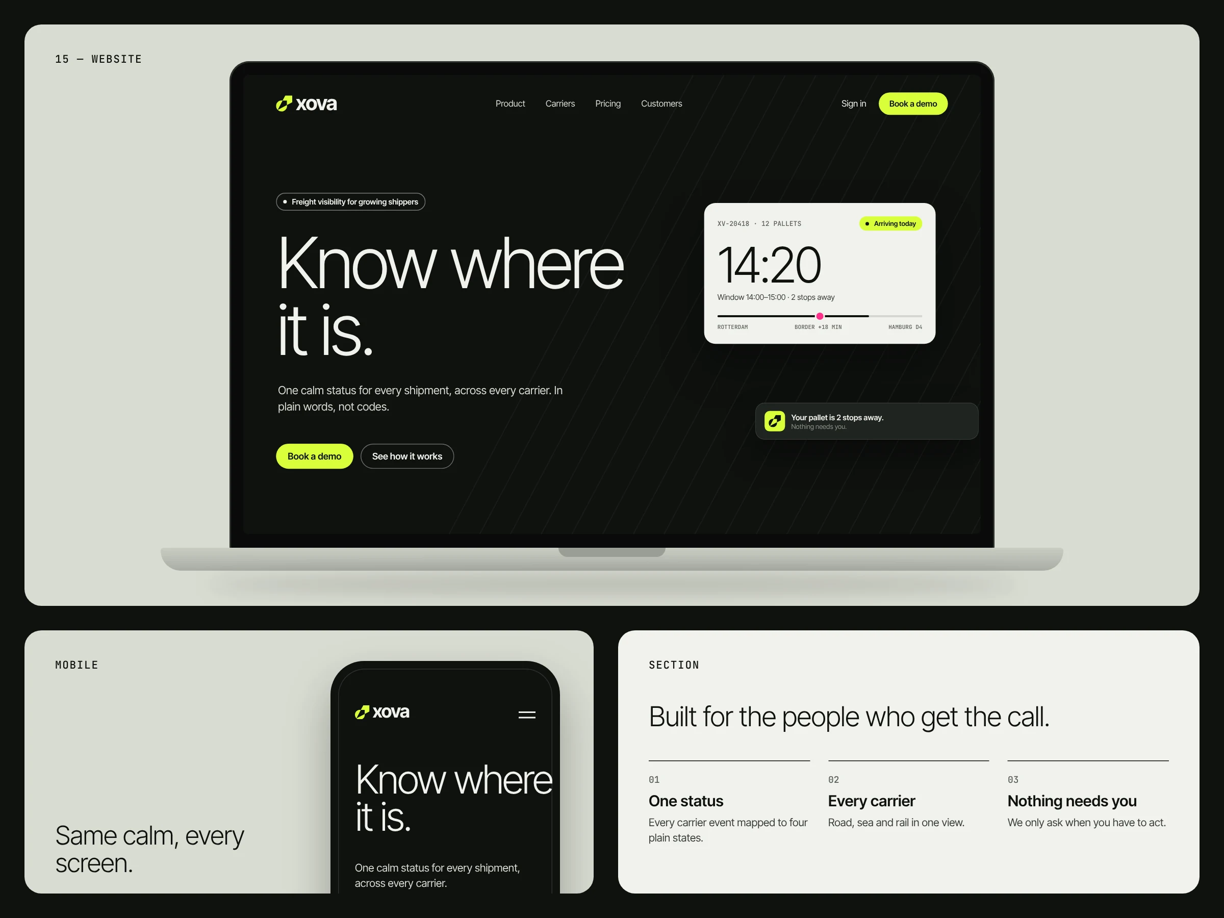 XOVA website hero on a laptop: Know where it is, with a live tracking card, plus the mobile site and a feature section.