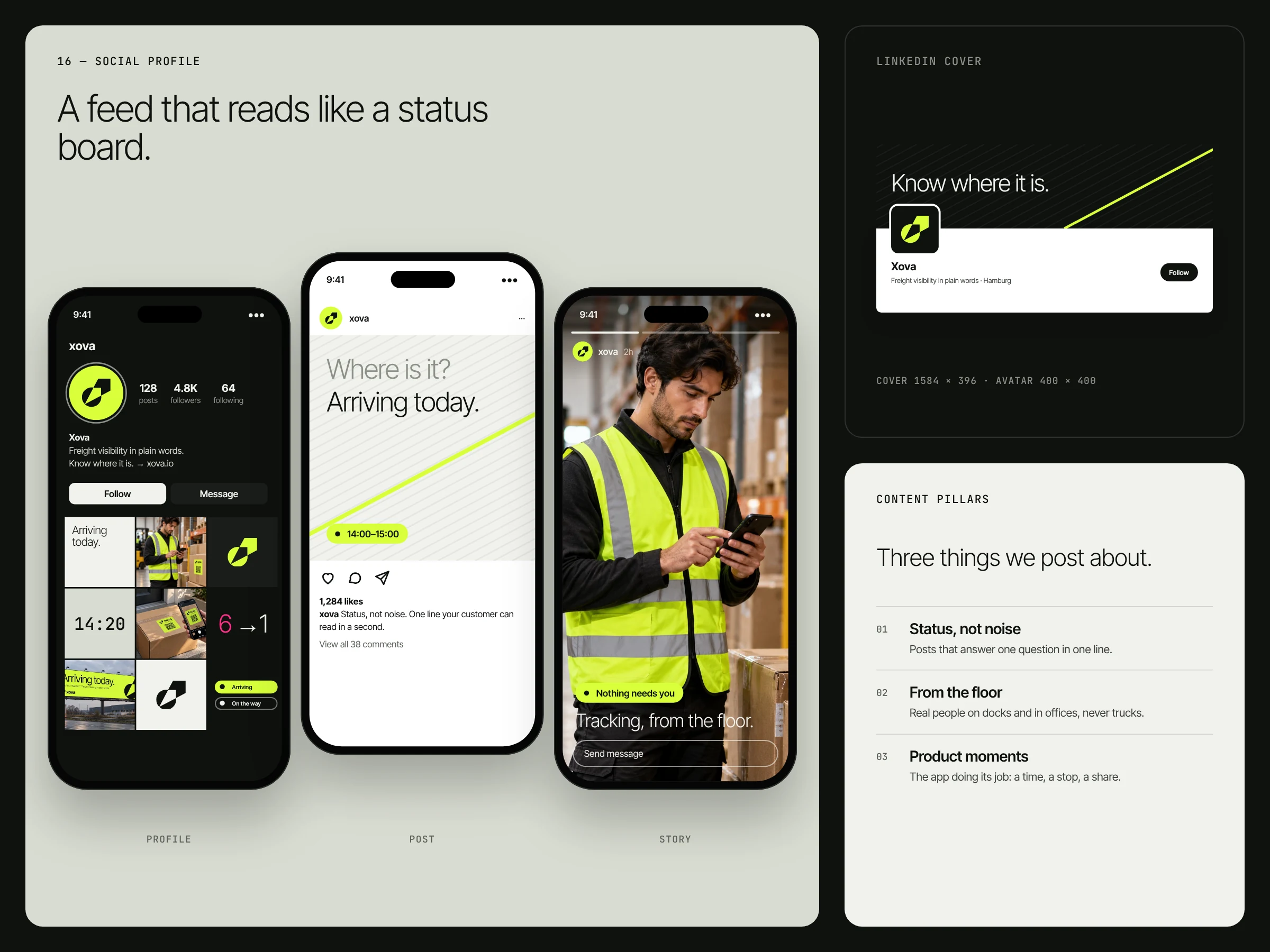 Instagram profile, post and story, LinkedIn cover and the three content pillars.